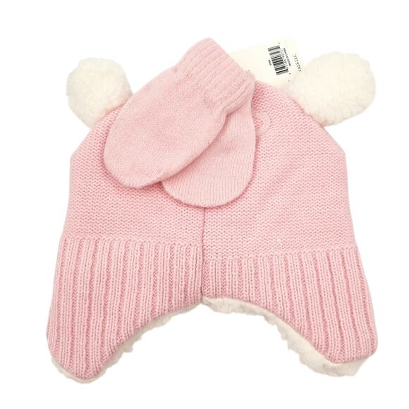 Little Me Baby Girl Pink Knit Sherpa Bear Hat With Mittens Set Size 3-9 month - Picture 2 of 2